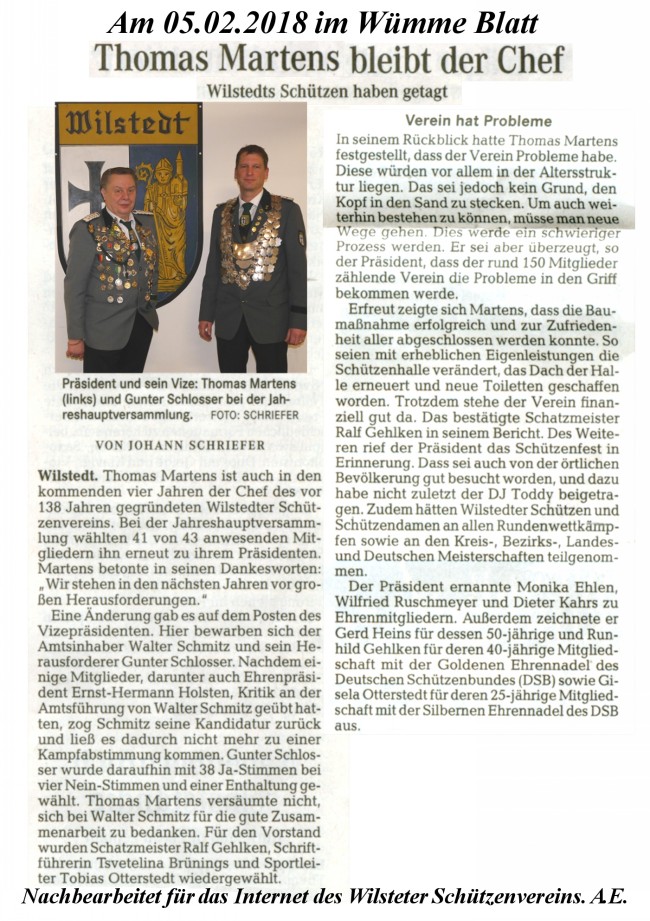 Bericht aus dem Wümmeblatt von der Jahreshauptversammlung 2018